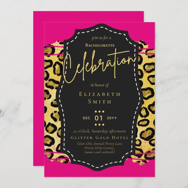 Convite LeahG Bonito Girly Bachelorette Glam Animal Prints (Frente/Verso)