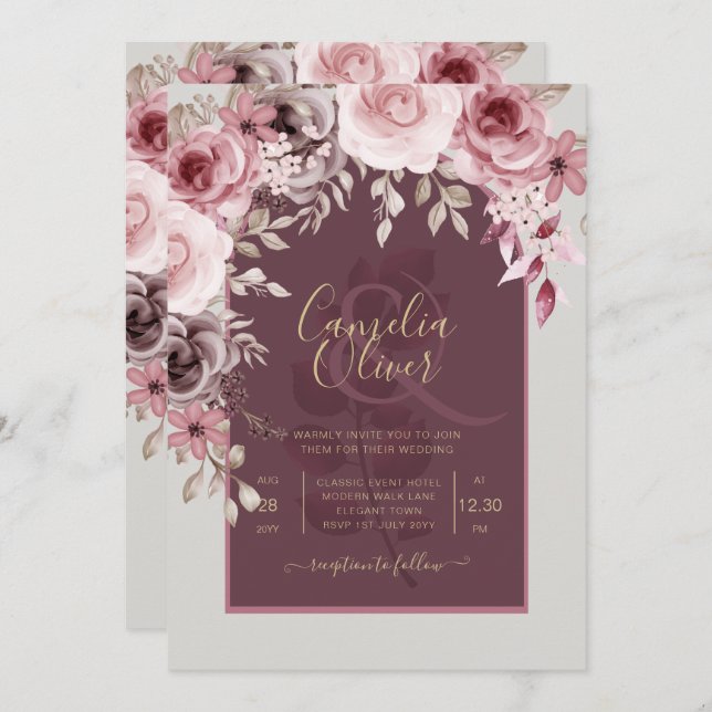 Convite LeahG Burgundy Blush Pink Roses Casamento outono I (Frente/Verso)