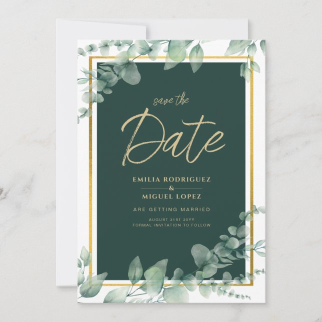 Convite LeahG Eucalipto Verde Dourado CASAMENTO QR CODE (Frente)