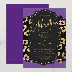 Convite LeahG Glam Dourado Roxo Estampas de Animais Chá de