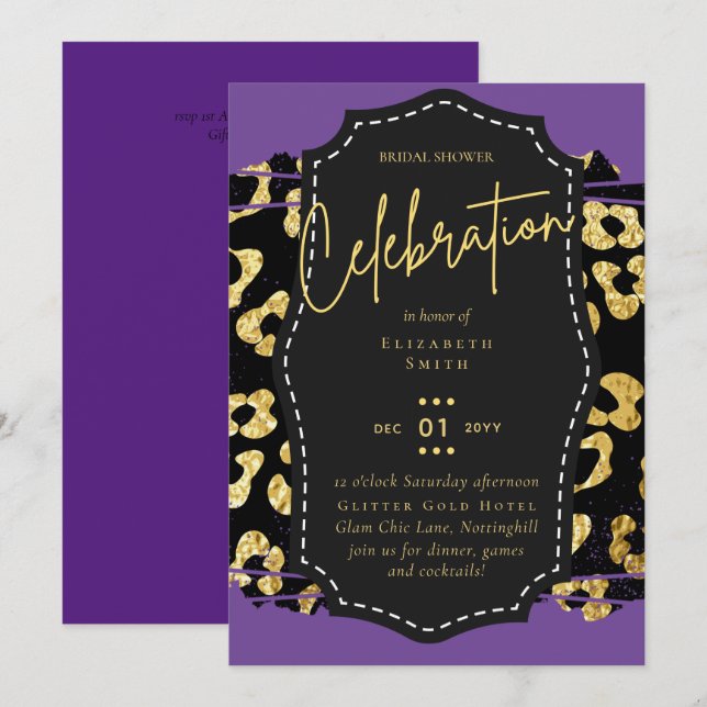 Convite LeahG Glam Dourado Roxo Estampas de Animais Chá de (Frente/Verso)