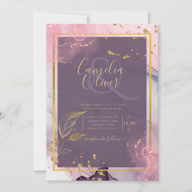 Convite LeahG® Lavender TINTA Rosa Dourado Casamento (Frente)