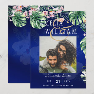 Convite LeahG Tropical Azul Verde Rosa Floral Casamento