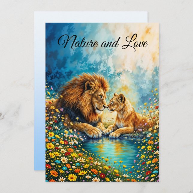 Convite Leão ouro Flores silvestres coloridas (Frente/Verso)