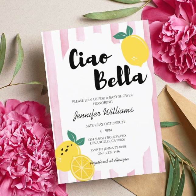 Convite Leão Rosa Italiano Ciao Baby Bella Chá Girl (Italian Lemon Girl Baby Shower Invitation)