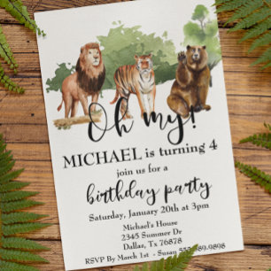 Convite Leão Tigre Urso Ah, Meu Tema de Selva Aquarela