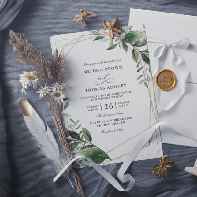 Convite Leaves Eucalyptus Gold Budget QR Code Wedding (Criador carregado)