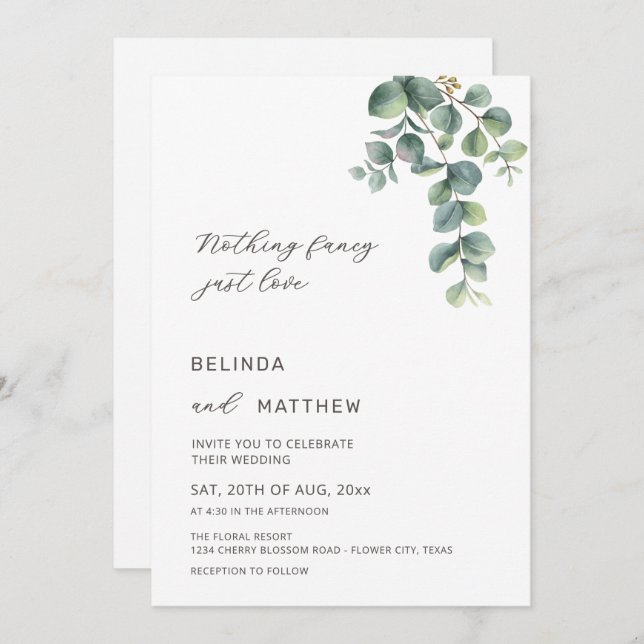 Convite Leaves Greenery Watercolor Flowers Casual Wedding (Frente/Verso)
