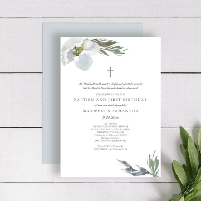 Convite Legal Cinza Aquarela Florais Gêmeos Batismo (baptism invitations with godparents names for twins grey floral botanicals)