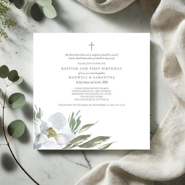 Convite Legal Cinza Aquarela Florais Gêmeos Batismo (Baptism invitations watercolor grey flowers and greenery)