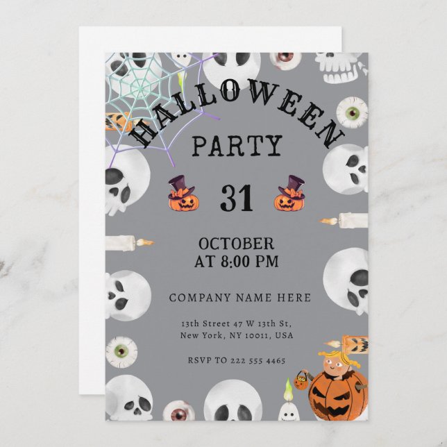 Convite Legal Cinza Clássica Festa de Halloween (Frente/Verso)