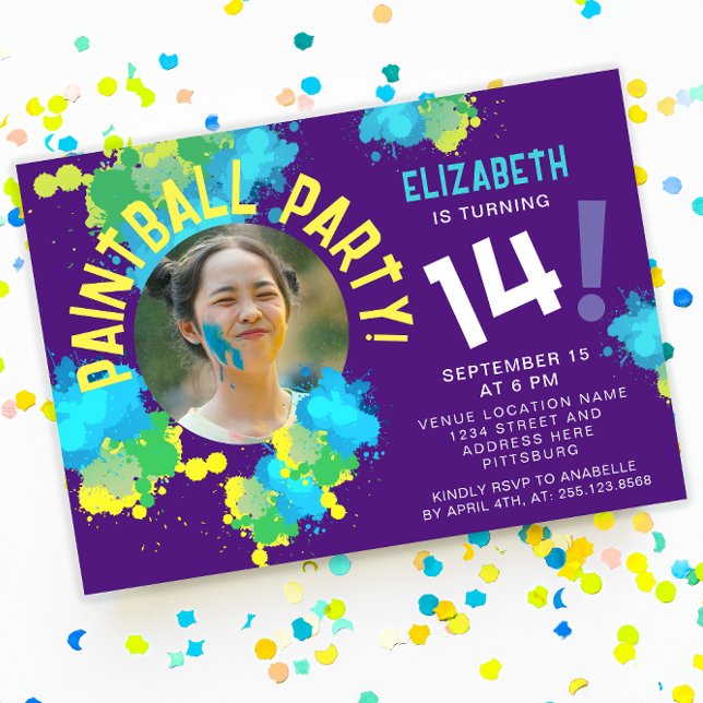 Convite Legal Diversão Colorida Púrpura Pintball Splatters (Criador carregado)