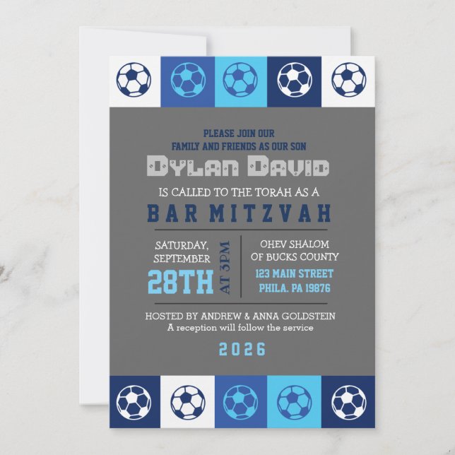 Convite legal do Bar Azul SOCCER Bat Mitzvah (Frente)