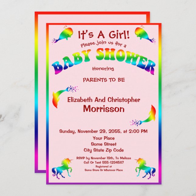 Convite Legal Garota Arco-Íris Chá de fraldas Com Animais  (Frente/Verso)