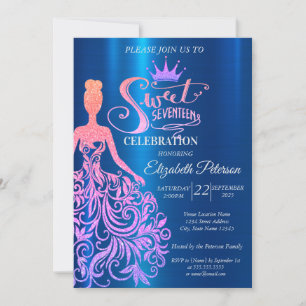 Convite Legal Glitter Bokeh,Vestido,Tiara,Blue Sweet 17