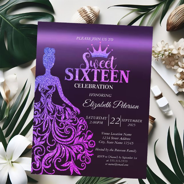 Convite Legal Glitter Bokeh,Vestido,Tiara,Purple Sweet 16 (Criador carregado)