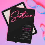 Convite Legal guião cor-de-rosa com néon retrô preto Foto<br><div class="desc">Legal guião cor-de-rosa retrô foto negra Sweet 16 convite de aniversário de neon.</div>