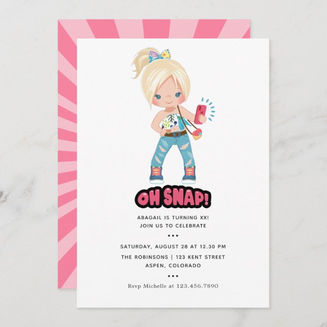 Convite Legal Oh Snap! Selfie Girl Festa de aniversário (Frente/Verso)