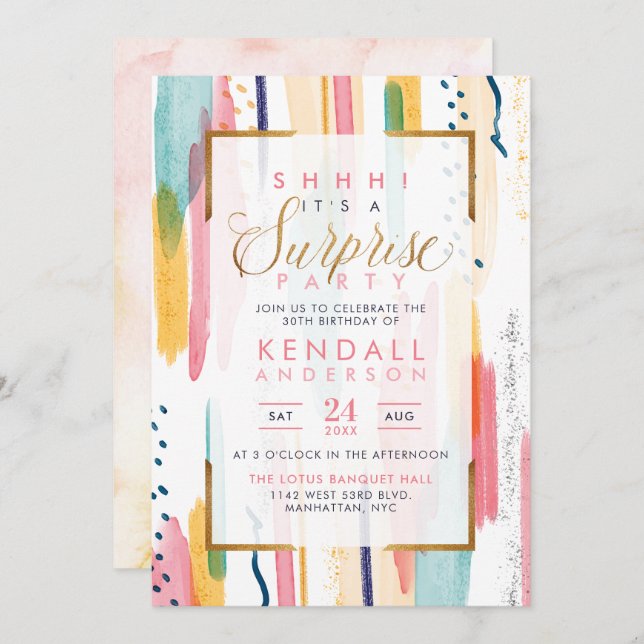 Convite Legal Pink Watercolor Memphis Chic Surprise Party (Frente/Verso)