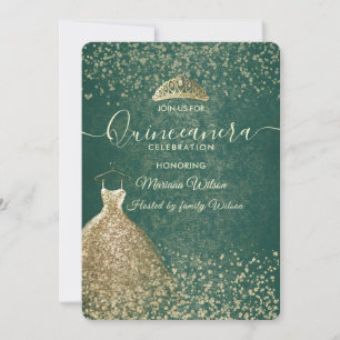 Convite Legal sequências verdes vestem tiara Quinceañera