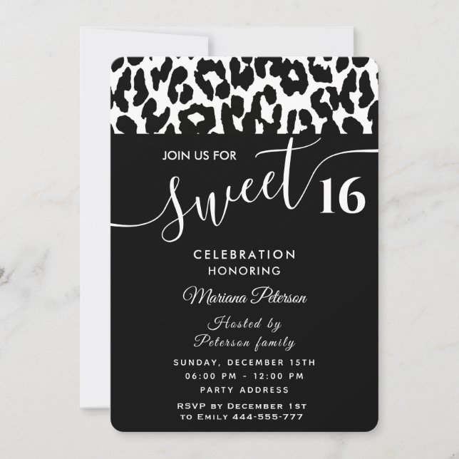 Convite Legal Trendy Black White Leopardo 16 Invitati (Frente)