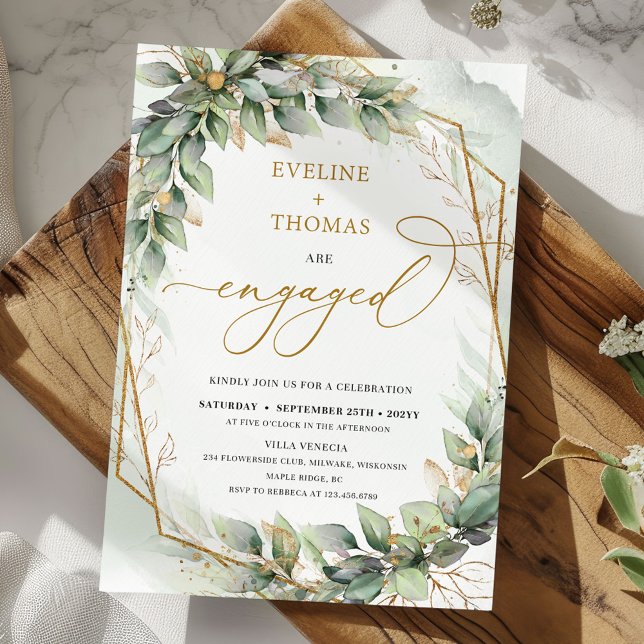Convite Legant greenery foliage faux gold frame engajado (Boho Eucalyptus greenery branches faux gold frame engagement invitation digital)