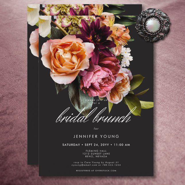 Convite Legant Moody Burgundy & Pink Floral Bridal Brunch (Elegant Moody Burgundy & Pink Floral Bridal Brunch Invitation)