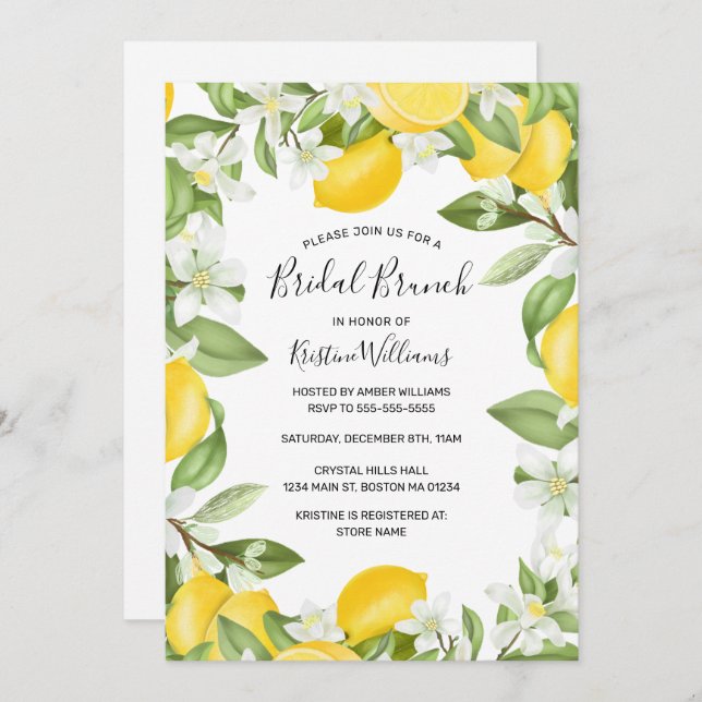 Convite Legant Yellow Lemons Watercolor Bridal Brunch (Frente/Verso)