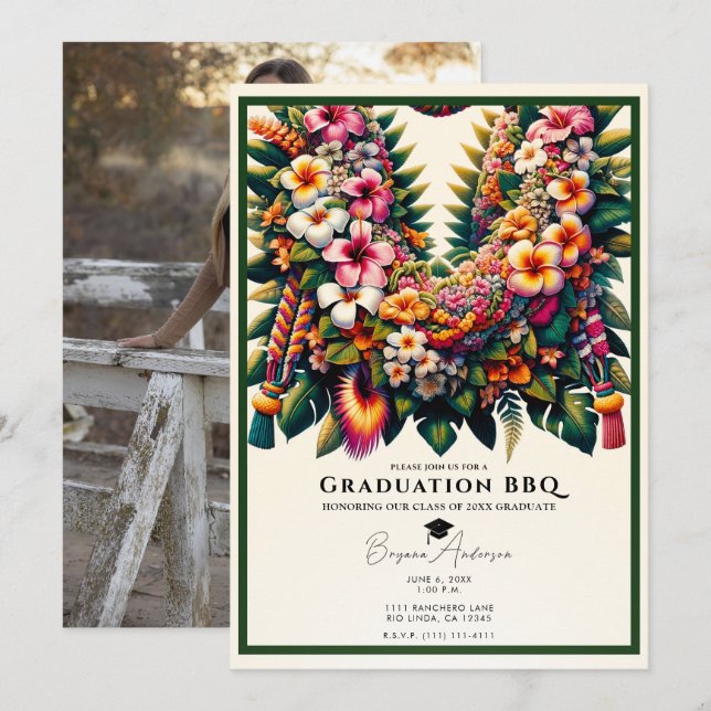 Convite Lei Floral Tropical de Formatura Foto Churrasco Fe (Frente/Verso)