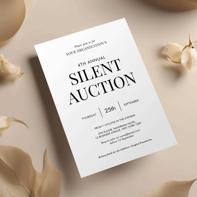Convite Leilão Silencioso Mínimo para Empresas a Preto e B (Minimalist corporate silent auction invitation design with fully editable text & colors)
