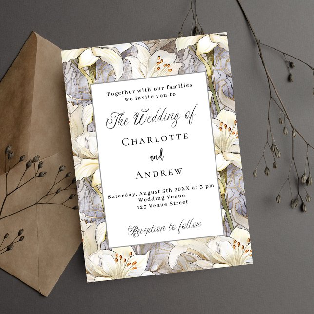 Convite Leilões brancos florais prata retro casamento de l (Criador carregado)