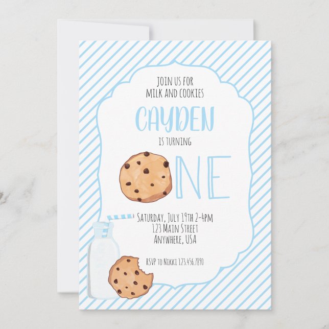 Convite Leite e Biscoitos menino azul primeiro Aniversário (Frente)