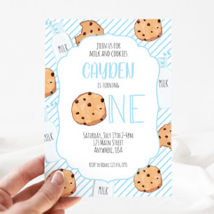 Convite Leite e Biscoitos menino azul primeiro Aniversário