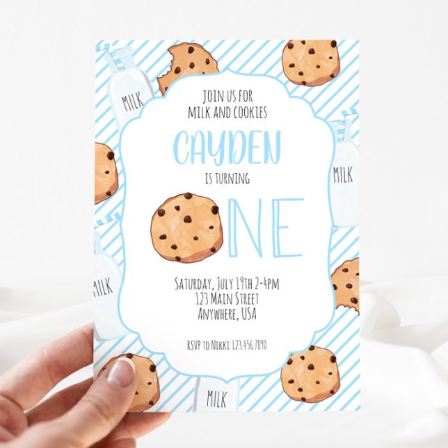 Convite Leite e Biscoitos menino azul primeiro Aniversário (Criador carregado)
