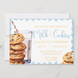 Convite Leite e Cookie Aniversário Xadrez Azul primeiro an