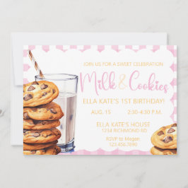 Convite Leite e Cookies Aniversário da Xadrez Rosa de Aniv