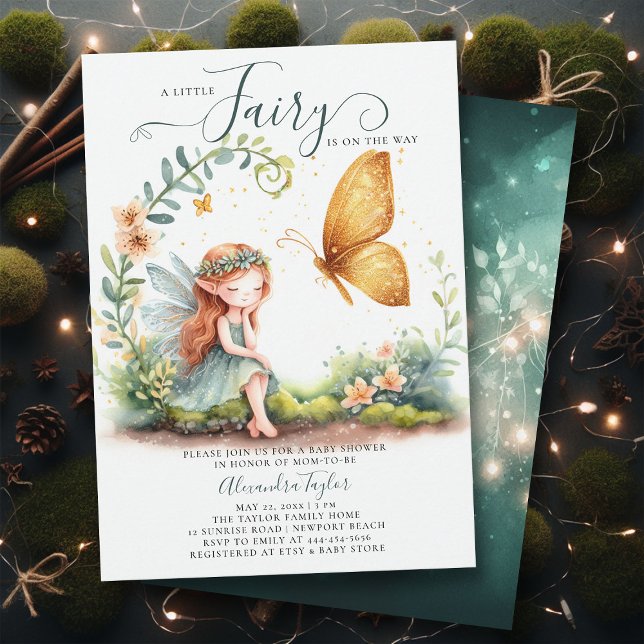 Convite Leite Encantada Emerald Dourada, Chá de Garota Cur (a little fairy girl baby shower invitation enchanted forest garden magical butterfly emerald gold)