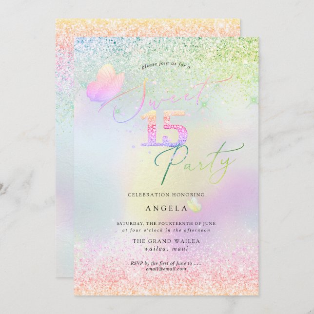 Convite Leitores Holográficos de Diamantes Rosa 15 Suaves (Frente/Verso)