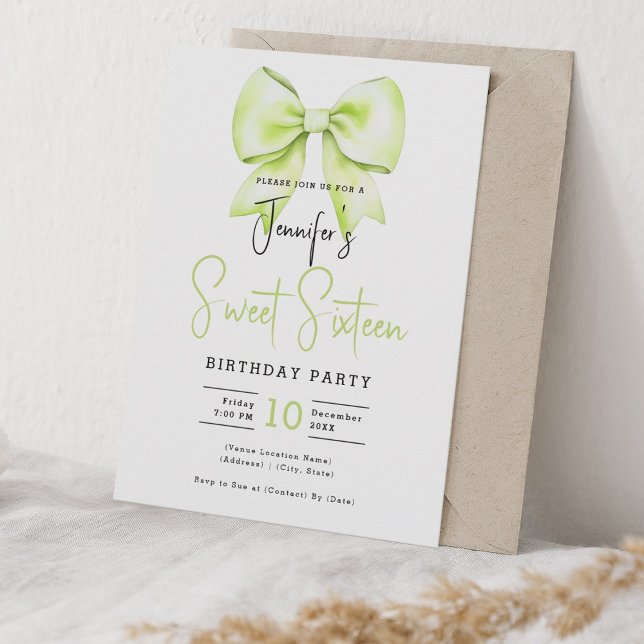 Convite Leitura de Script de Cute de Coquete do Arco do ve (Lime Green Bow Coquette Cute Script Sweet 16 Invitation)