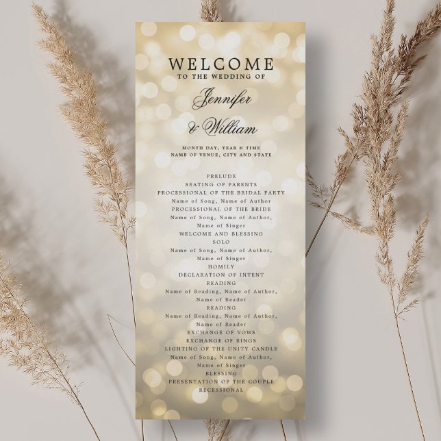 Convite Leituras Douradas de Bokeh do Programa de Casament (Classic Script Wedding Program Gold Bokeh Lights)