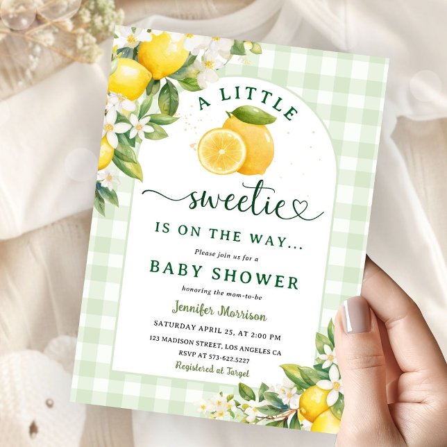 Convite Lemon Baby Shower Green Gingham Gender Neutral (Criador carregado)