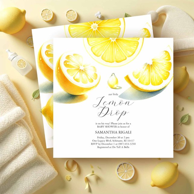 Convite Lemon Baby Shower Invices Lemon Drop Theme (Lemon baby shower invitations feature watercolor citrus art in shades of yellow for gender neutral)