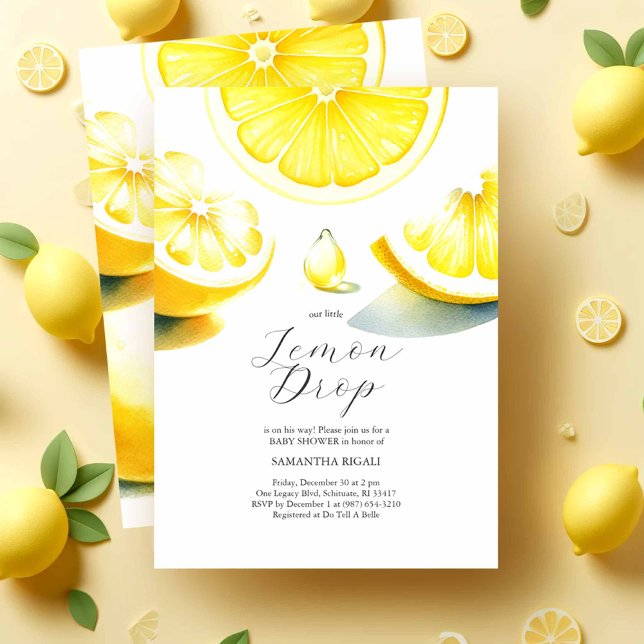 Convite Lemon Baby Shower Invoca Tema de Limondrop (Lemon baby shower invitations feature watercolor citrus with a lemon drop by Victoria Grigaliunas)
