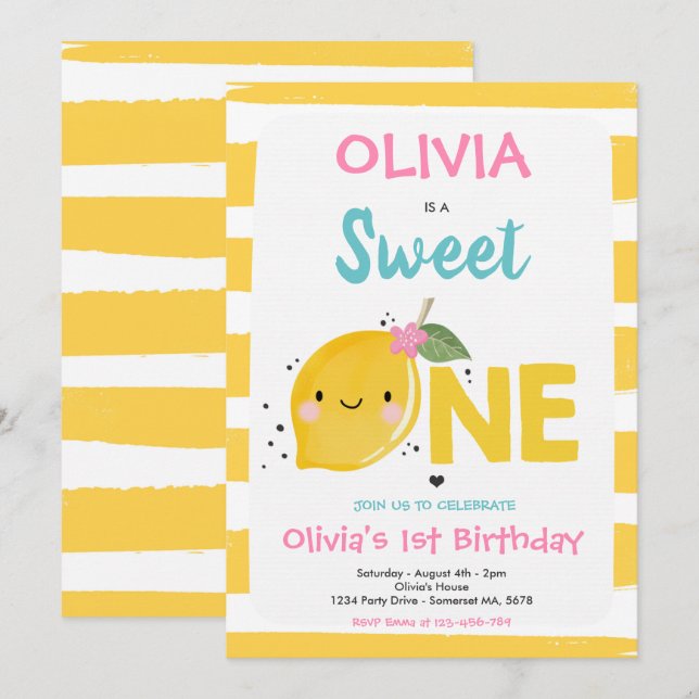 Convite Lemon Birthday Invitation Sweet One primeiro anive (Frente/Verso)