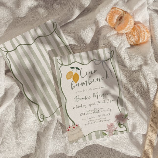 Convite Lemon Ciao Bambino Italiano Gênero Neutro (Italian Lemon Gender Neutral Baby Shower Invite)