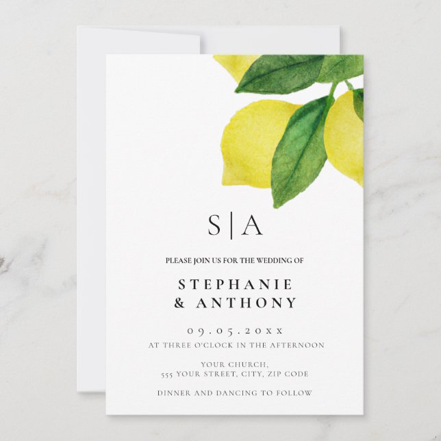 Convite Lemon Citrus Branch Greenery Wedding (Frente)