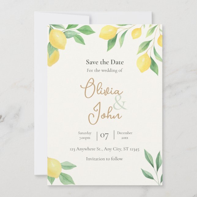 Convite Lemon Citrus Greenery Save the Date Photo Back (Frente)
