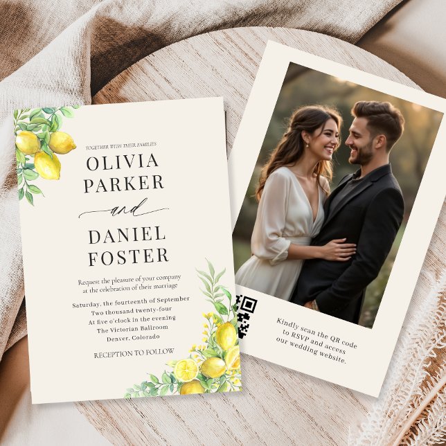 Convite Lemon Citrus QR Code Photo Wedding (Criador carregado)