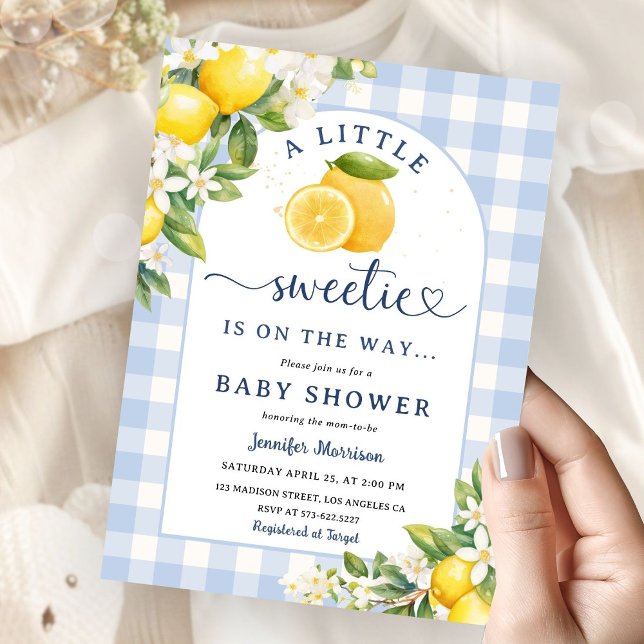 Convite Lemon Citrus Yellow Baby Shower Boy Blue Gingham (Criador carregado)