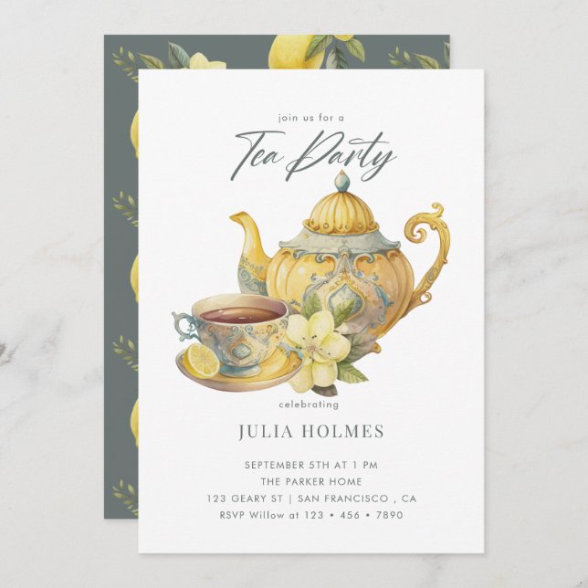Convite Lemon Floral | Teacup Tea Party (Frente/Verso)